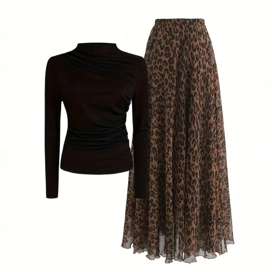 Print Skirt Leopard & Black Top Set