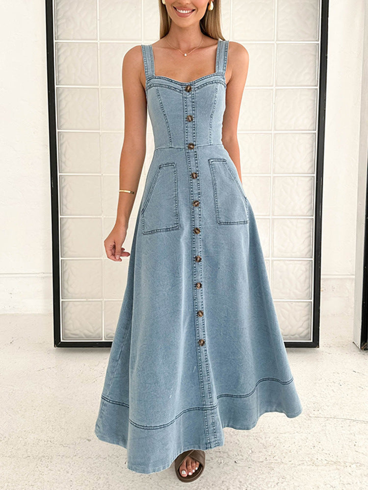 Denim medium and long dress, suspender backless temperament commuter dress  -ON LINE ONLY