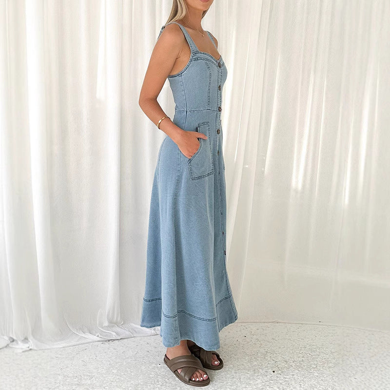 Denim medium and long dress, suspender backless temperament commuter dress  -ON LINE ONLY