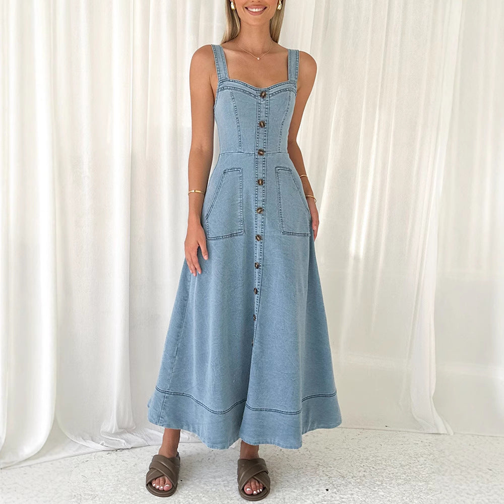 Denim medium and long dress, suspender backless temperament commuter dress  -ON LINE ONLY