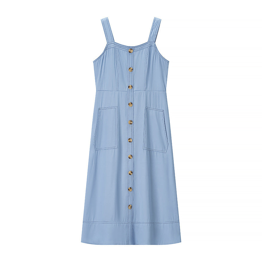Denim medium and long dress, suspender backless temperament commuter dress  -ON LINE ONLY