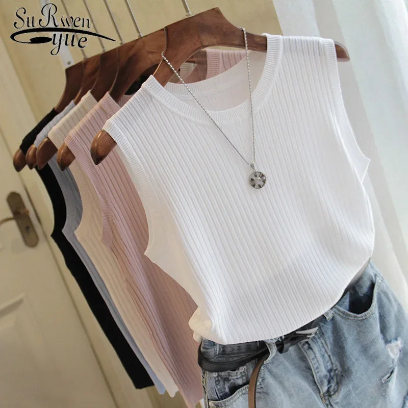 ON LINE ONLY- Knitted Vests Women Top O-neck Solid Tank Blusas Mujer De Moda Spring Summer New Fashion Female Sleeveless Casual Thin Tops 4588