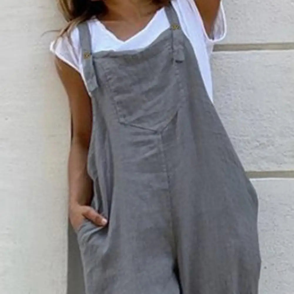 ON LINE ONLY -Women Summer Cotton Linen Playsuit Fashion Sleeveless Wide Leg Dungarees Solid Long Rompers Casual Comfortable Casual Jumpsuit