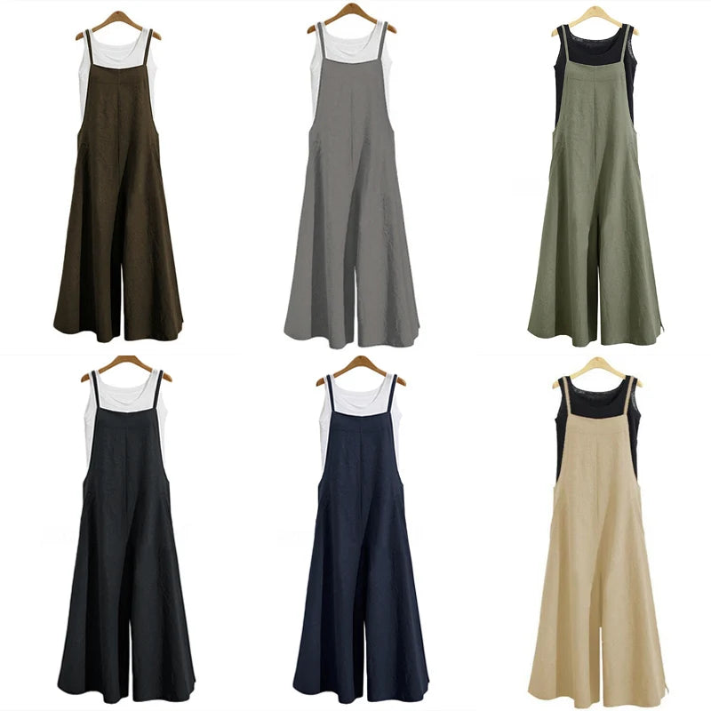 ON LINE ONLY-Women Loose Casual Playsuit Trousers Wide Leg Pants Overalls Baggy Romper Lady Chic Summer Sleeveless Cotton Loose Jumpsuits 5XL