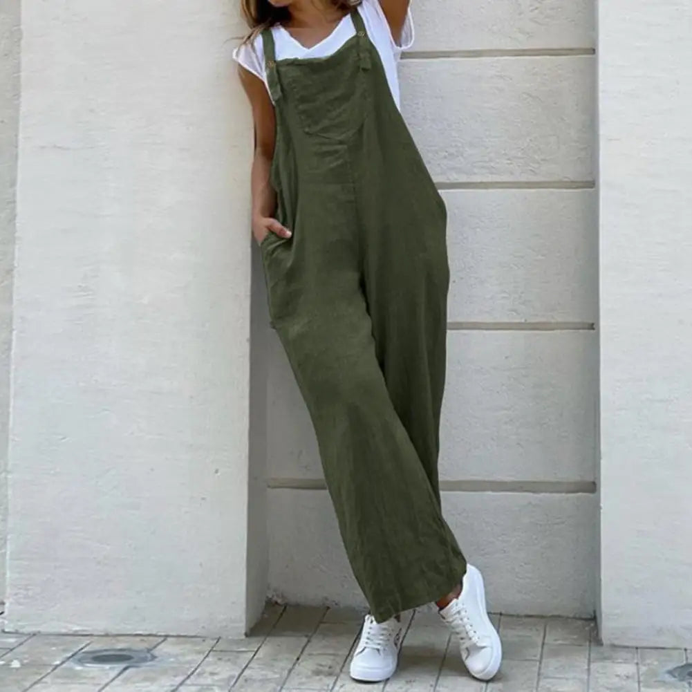 ON LINE ONLY -Women Summer Cotton Linen Playsuit Fashion Sleeveless Wide Leg Dungarees Solid Long Rompers Casual Comfortable Casual Jumpsuit