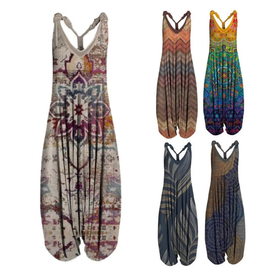 ON LINE ONLY -Vintage Ethnic Style S-4XL Women Casual Floral Rompers Loose Boho Casual Jumpsuits Sleeveless Print Strappy Jumpsuit 2022 New