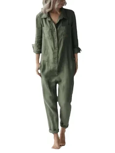 0N LINE ONLY -Women Jumpsuits Long Sleeve Single Breasted Button Turn Down Collar Solid Pencil Pants High Street Loose Casual Pockets