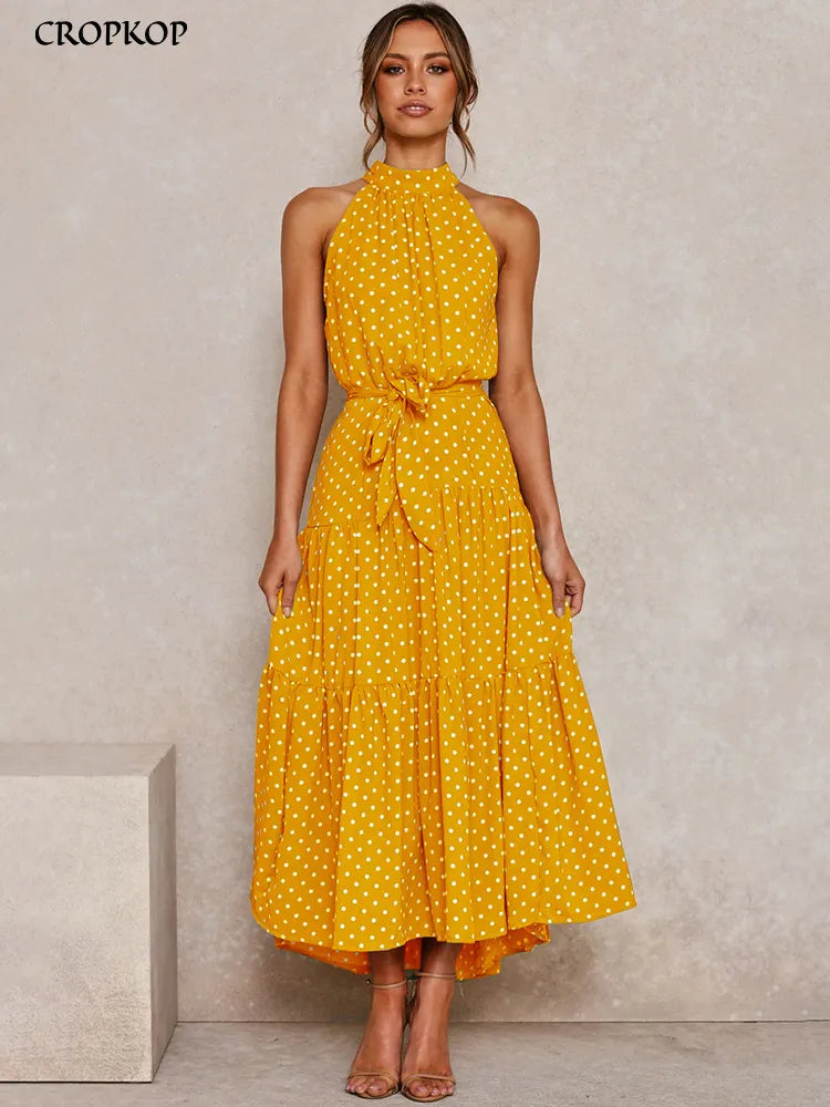 ON LINE ONLY- Summer Long Dress Polka Dot Casual Dresses Black Sexy Halter Strapless New 2022 Yellow Sundress Vacation Clothes For Women