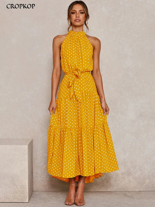 ON LINE ONLY- Summer Long Dress Polka Dot Casual Dresses Black Sexy Halter Strapless New 2022 Yellow Sundress Vacation Clothes For Women