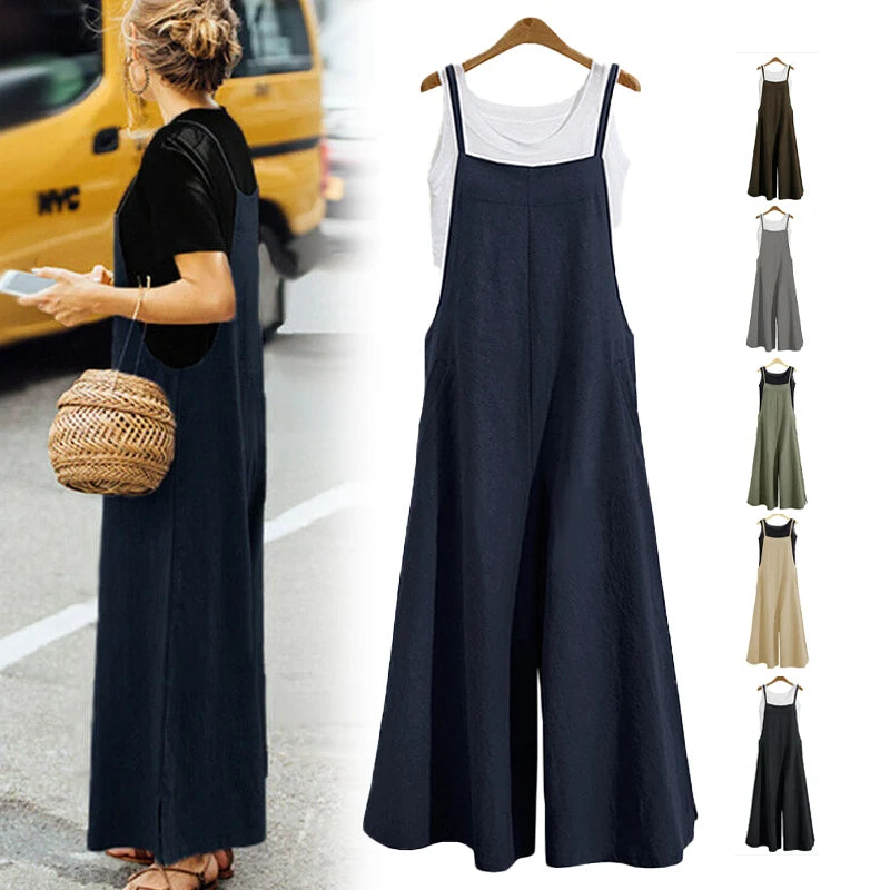 ON LINE ONLY-Women Loose Casual Playsuit Trousers Wide Leg Pants Overalls Baggy Romper Lady Chic Summer Sleeveless Cotton Loose Jumpsuits 5XL