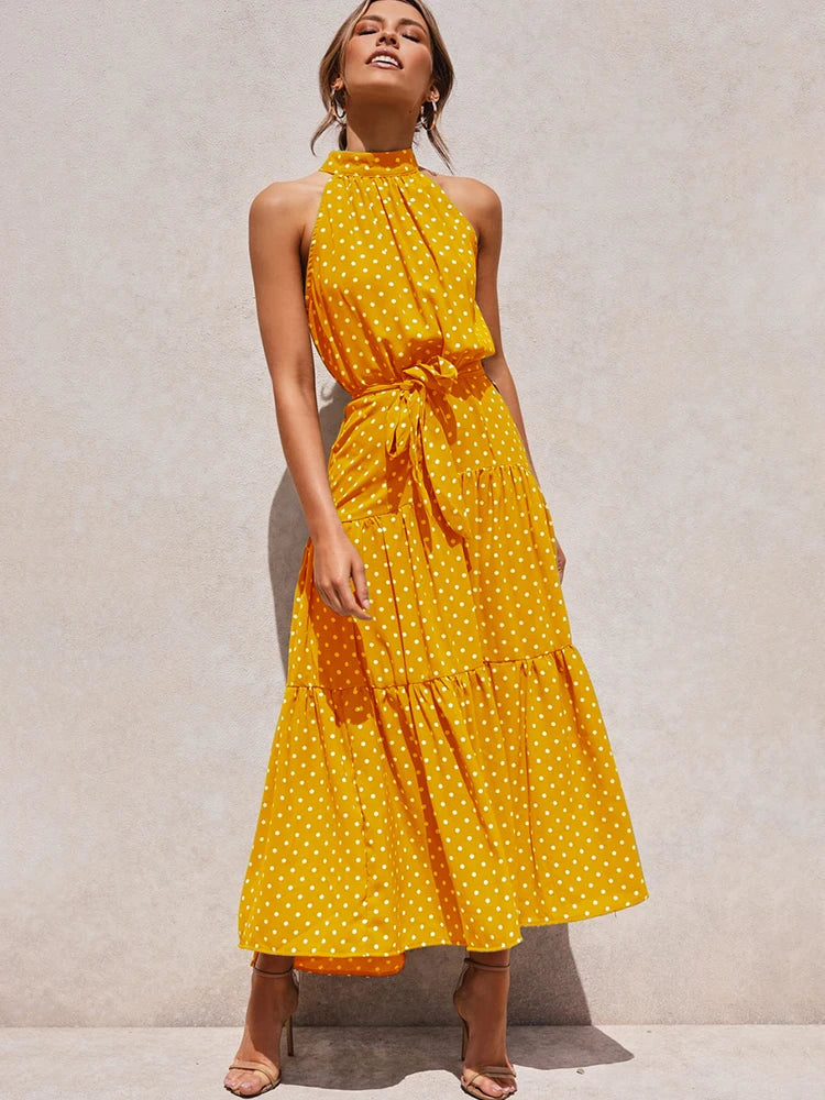 ON LINE ONLY- Summer Long Dress Polka Dot Casual Dresses Black Sexy Halter Strapless New 2022 Yellow Sundress Vacation Clothes For Women