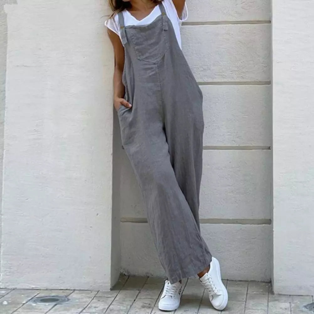 ON LINE ONLY -Women Summer Cotton Linen Playsuit Fashion Sleeveless Wide Leg Dungarees Solid Long Rompers Casual Comfortable Casual Jumpsuit