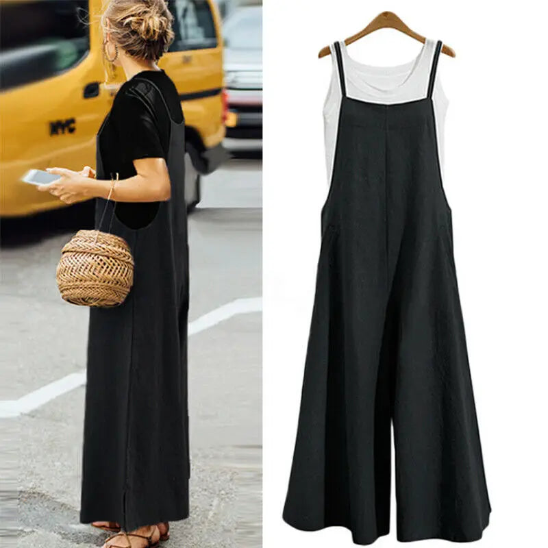 ON LINE ONLY-Women Loose Casual Playsuit Trousers Wide Leg Pants Overalls Baggy Romper Lady Chic Summer Sleeveless Cotton Loose Jumpsuits 5XL