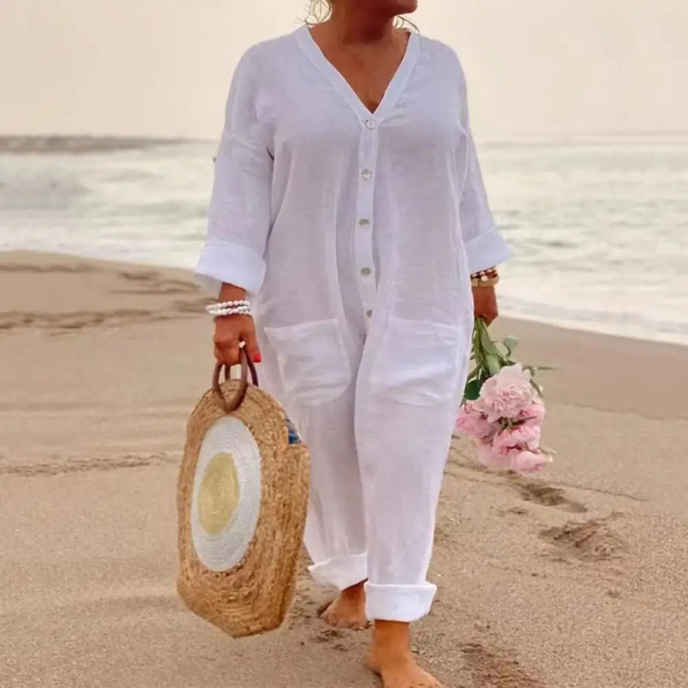 ON LINE ONLY 2023 Simple Casual Cotton And Linen Jumpsuit Women V Neck Button Mid Waist Pockets Bodysuit Summer Female Holiday Beach Overalls