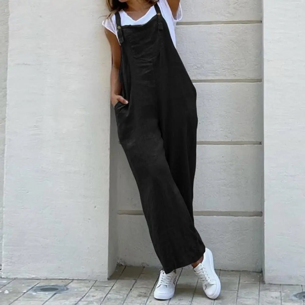 ON LINE ONLY -Women Summer Cotton Linen Playsuit Fashion Sleeveless Wide Leg Dungarees Solid Long Rompers Casual Comfortable Casual Jumpsuit