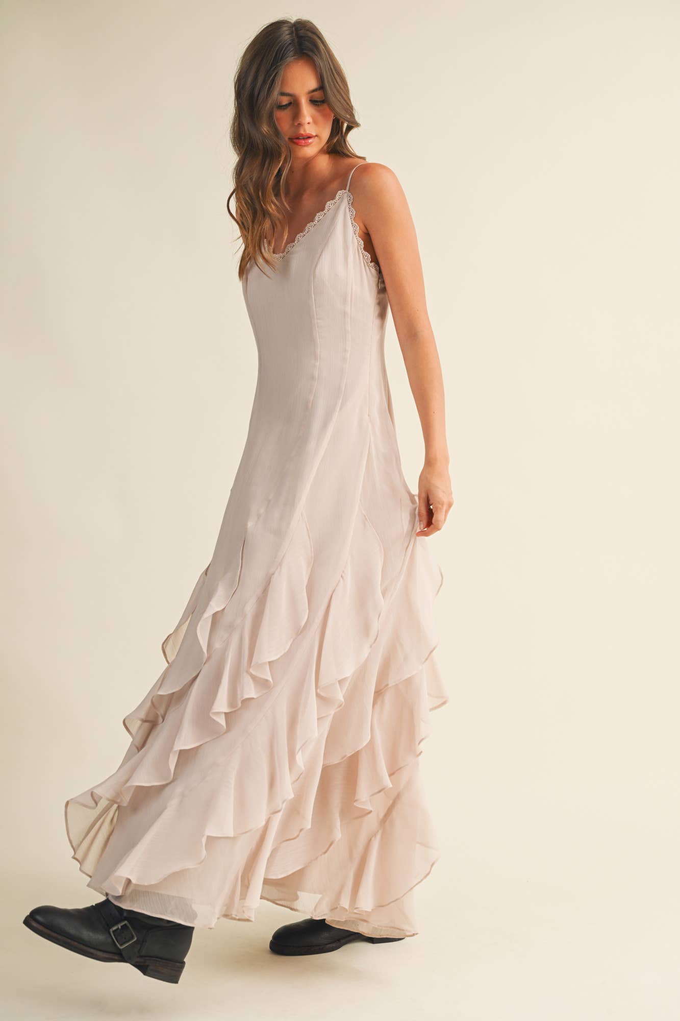 LACE V NECK RUFFLED CAMI DRESS