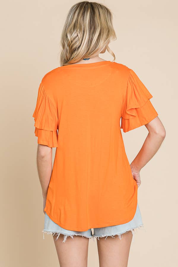 Round Neck Semi Loose Ruffle Sleeve Top