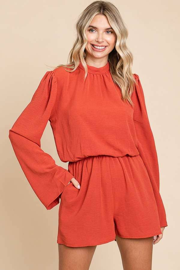 CWR1863L-Mock Neck Bell Sleeve Romper