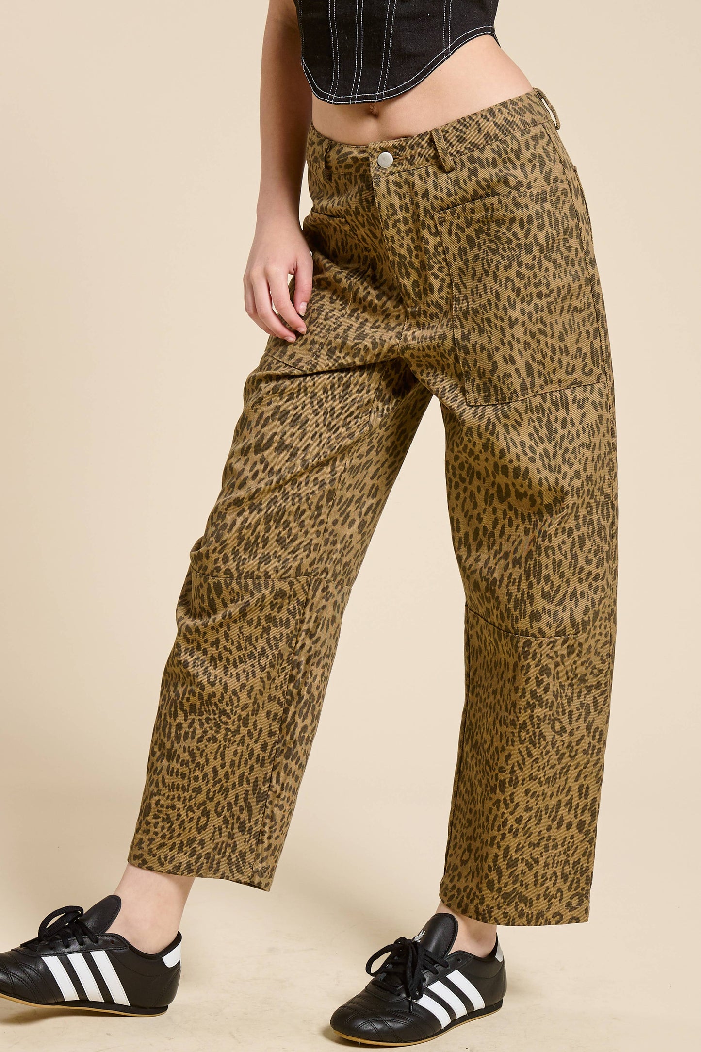 Leopard Print Barrel Leg Denim Jeans
