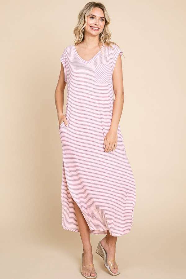 V Neck Oversize Sleeveless Stripe Maxi Dress