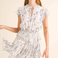 White Abstract Print Ruffle Flutter Sleeves and Tie Neck Detail Summer Mini Dress