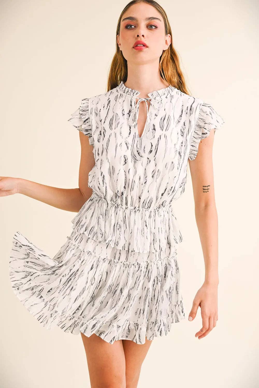 White Abstract Print Ruffle Flutter Sleeves and Tie Neck Detail Summer Mini Dress