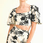 Puff Sleeve Crop Top Black Floral Print Ruffle Hem Midi Skirt Two Piece Set