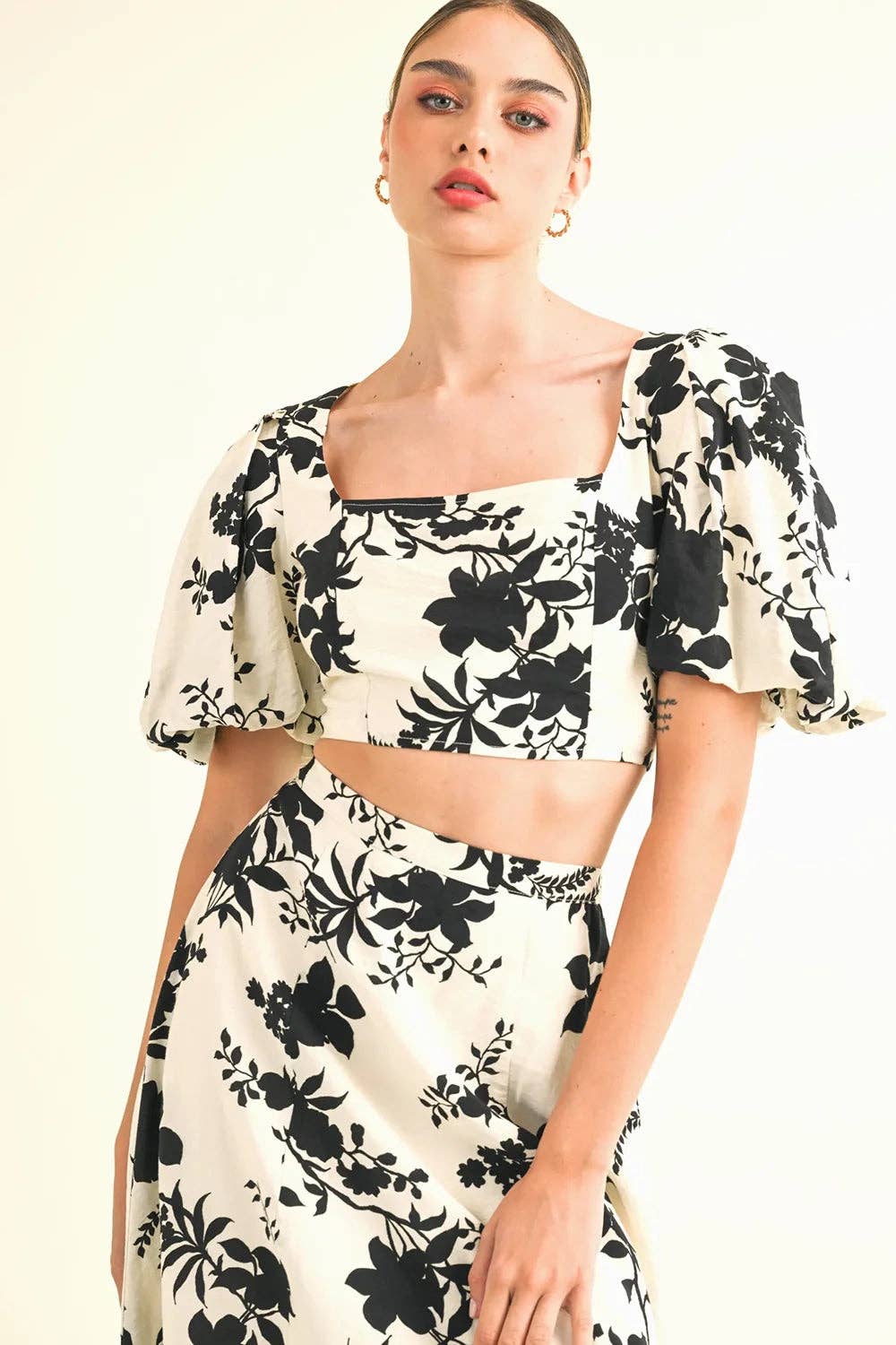 Puff Sleeve Crop Top Black Floral Print Ruffle Hem Midi Skirt Two Piece Set