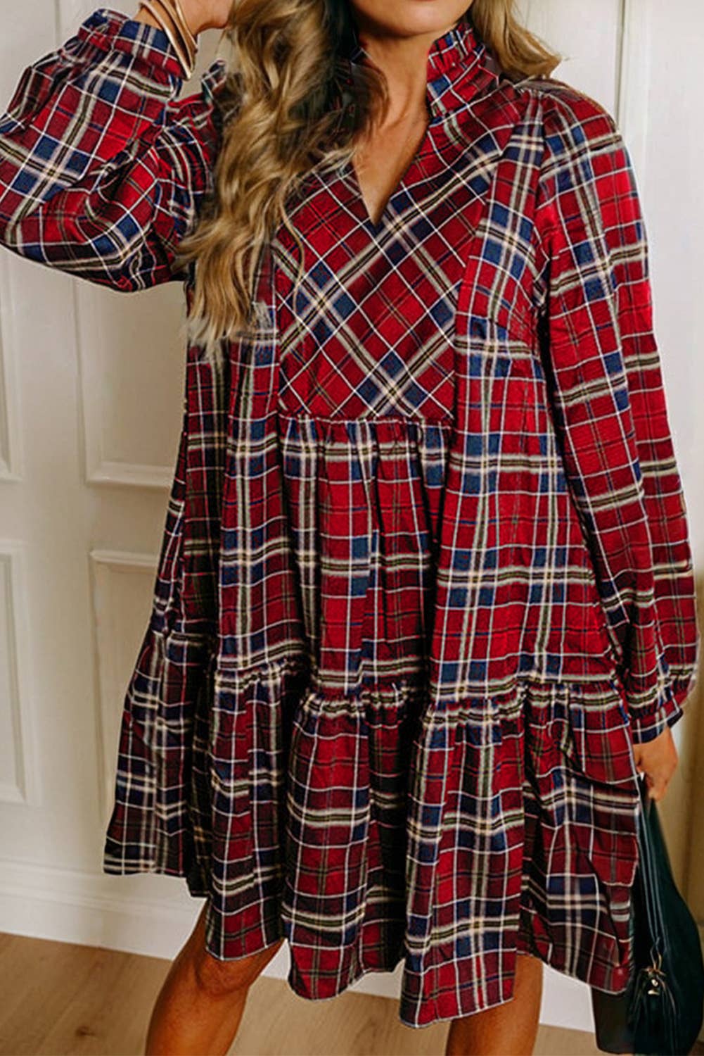 Christmas Plaid Print Notched Neck Shift Mini Dress (S-4X)
