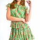 Green Red Floral Print Ruffle Sleeve Keyhole Neck Smocked Tiered Mini Dress