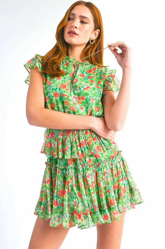 Green Red Floral Print Ruffle Sleeve Keyhole Neck Smocked Tiered Mini Dress