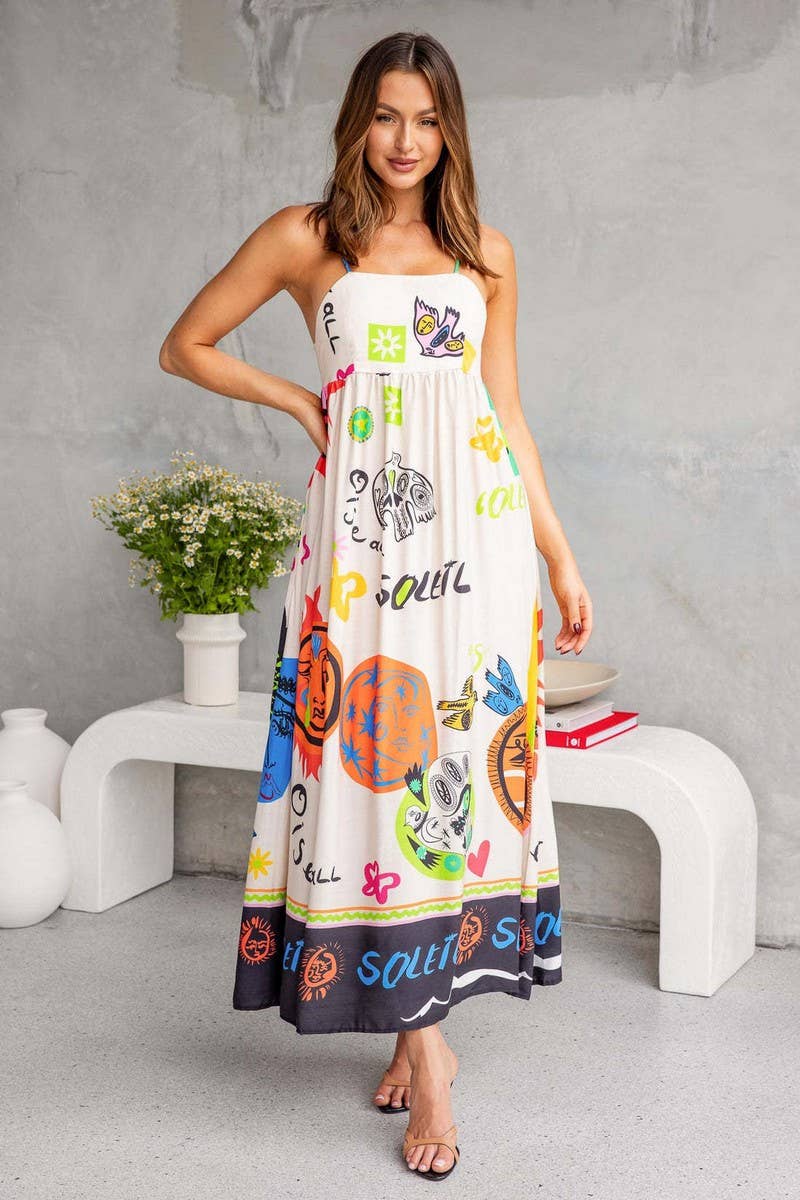 Printed SUSPENDER DRESS WITH WIDE SWING