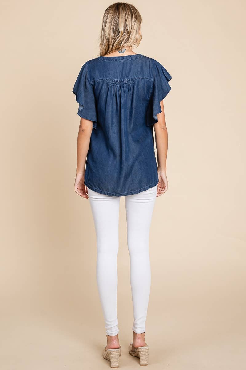 LST5325 - CHAMBRAY FLUTTER SLEEVE TOP=