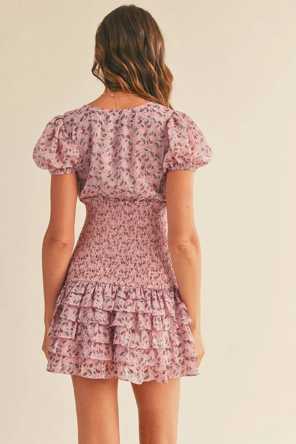 Boho Smocked Paisley Print Puff Sleeve V-Neck Tiered Ruffle Mini Dress