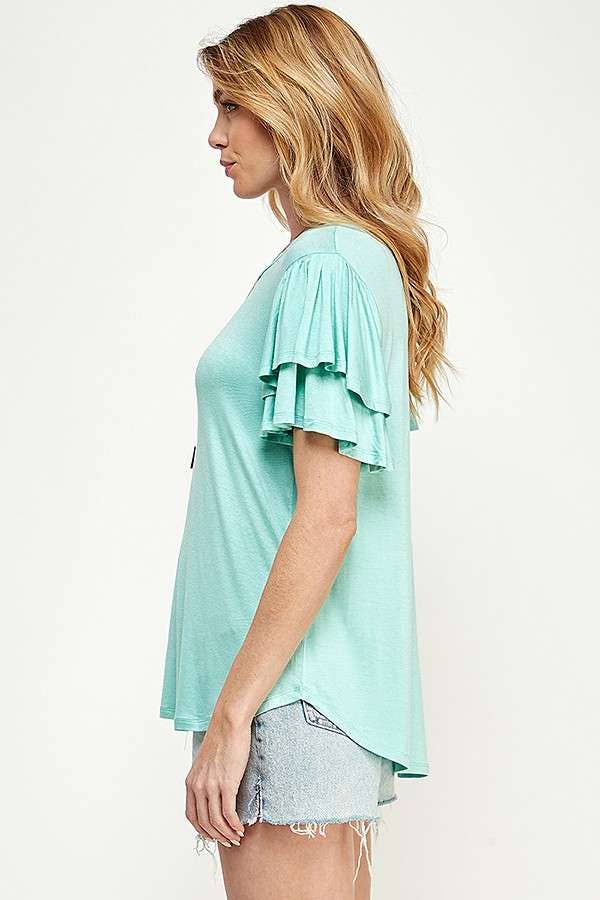 Round Neck Semi Loose Ruffle Sleeve Top:  / NEW SUNKIST