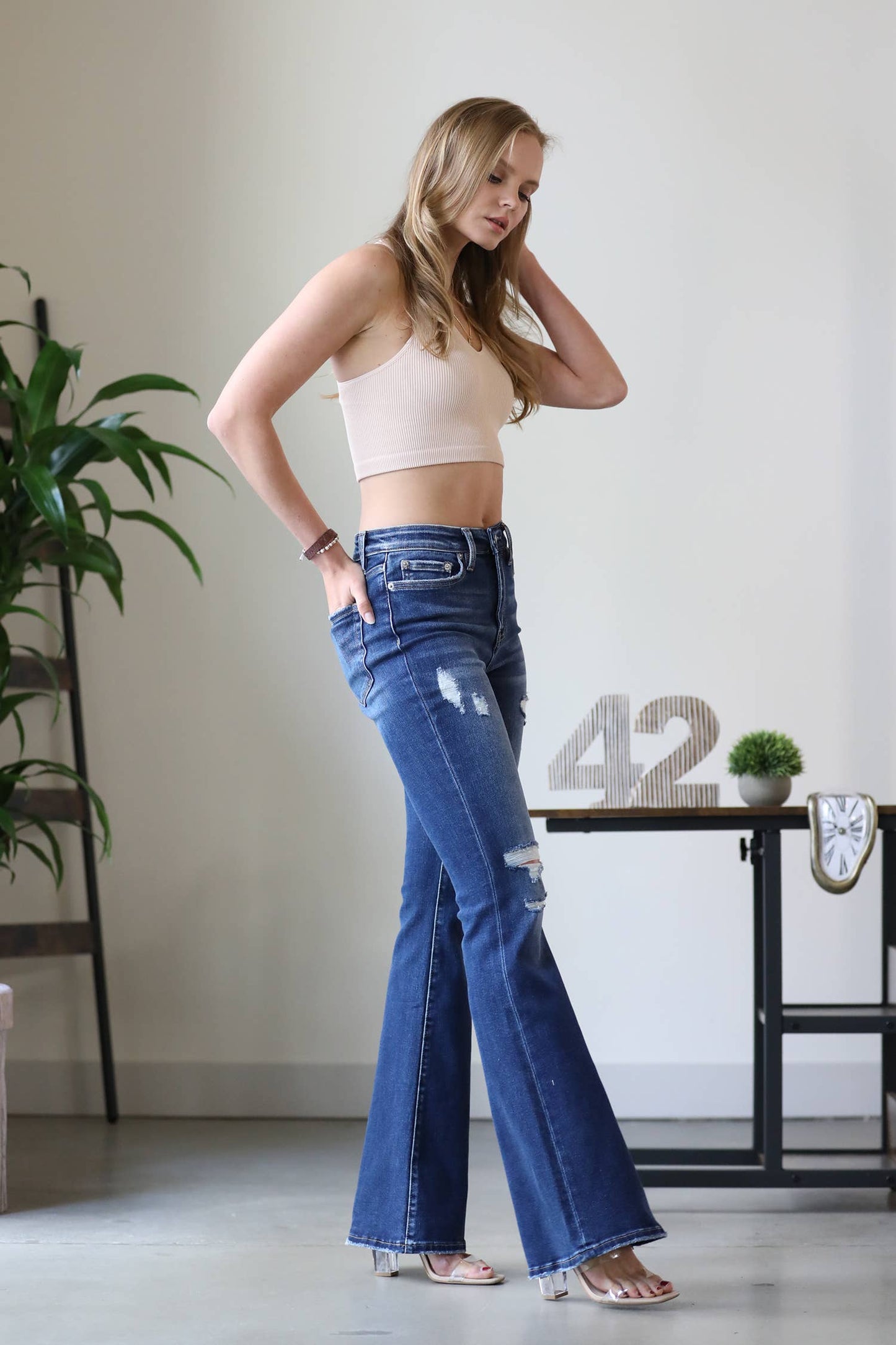 High-Rise Distressed Flare Denim Pants Jeans