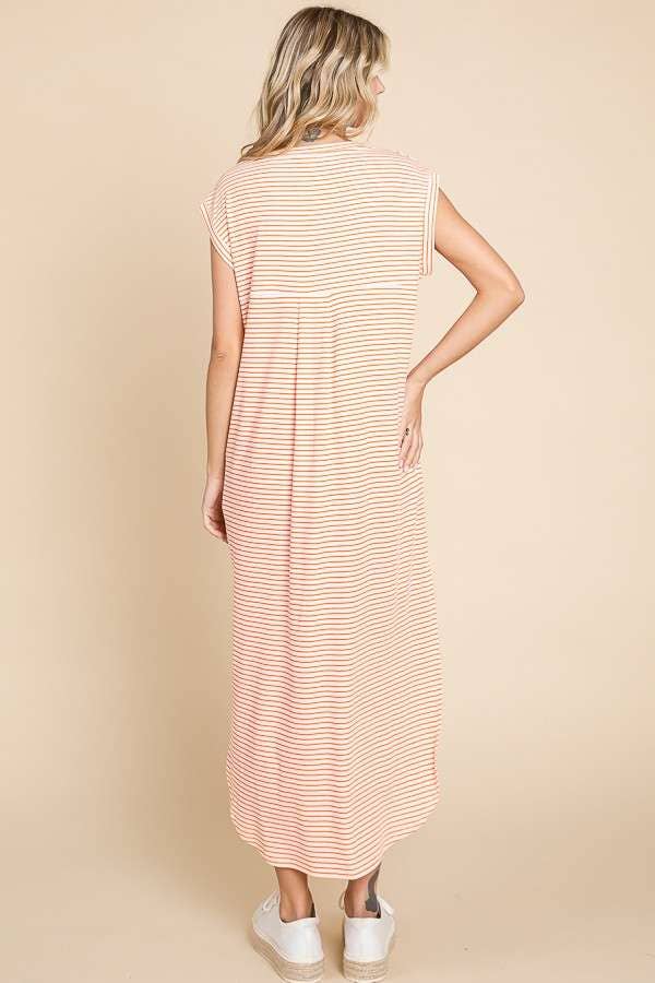 V Neck Oversize Sleeveless Stripe Maxi Dress