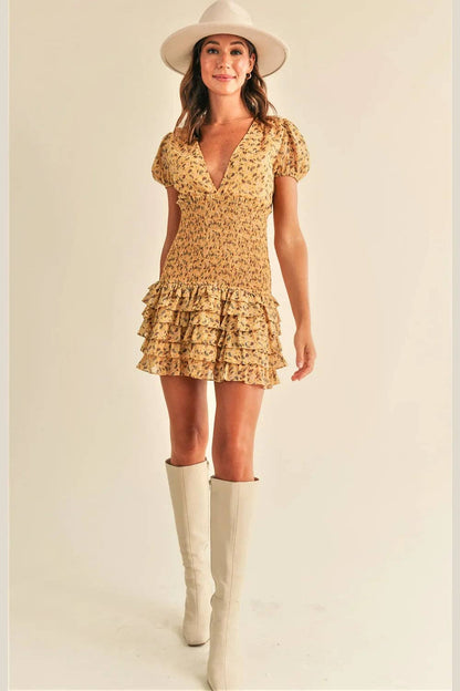 Boho Smocked Paisley Print Puff Sleeve V-Neck Tiered Ruffle Mini Dress