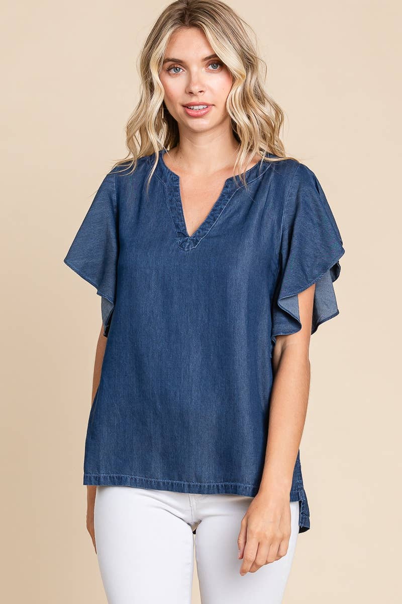 LST5325 - CHAMBRAY FLUTTER SLEEVE TOP=