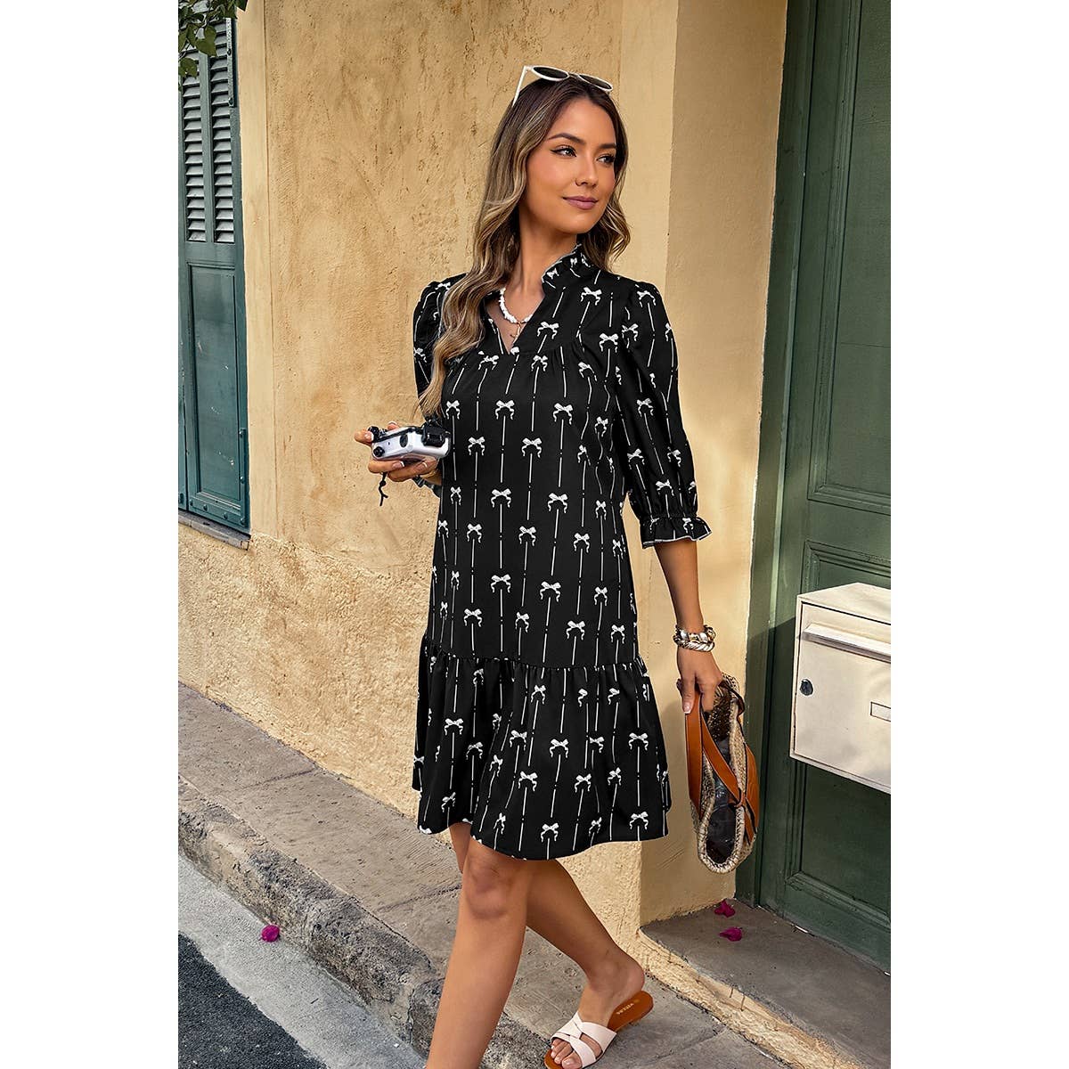 A Line Bow Ruffle V Neck Loose Fit Dress