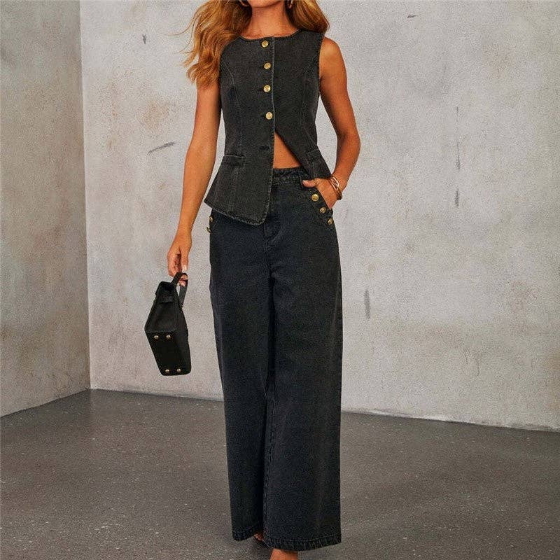 Solid Button Sleeveless Vest Wide Leg Jeans Set