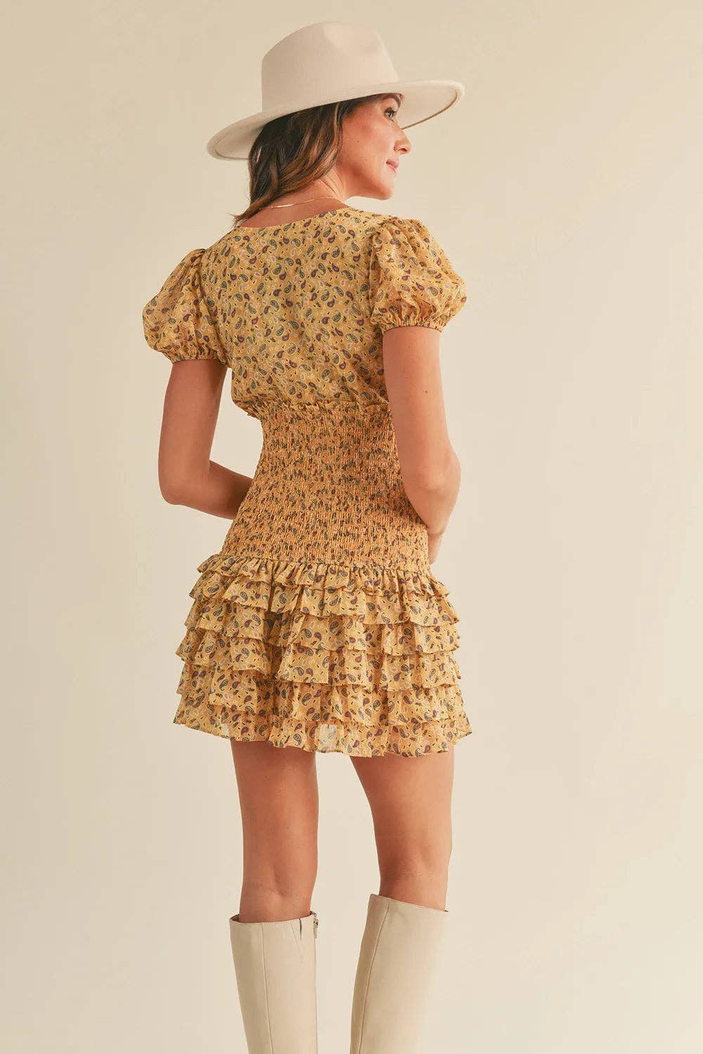 Boho Smocked Paisley Print Puff Sleeve V-Neck Tiered Ruffle Mini Dress