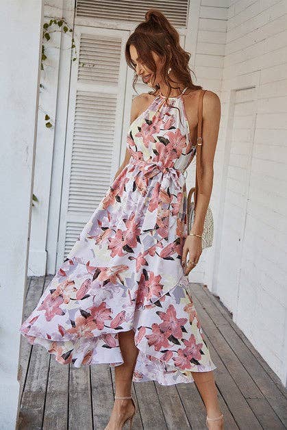 Halter Neck Flower Print Ruffled Dress -