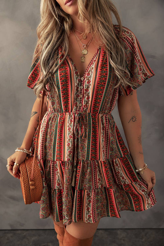 Bohemian Floral Print Buttoned V Neck Ruffle Tiered Dress
