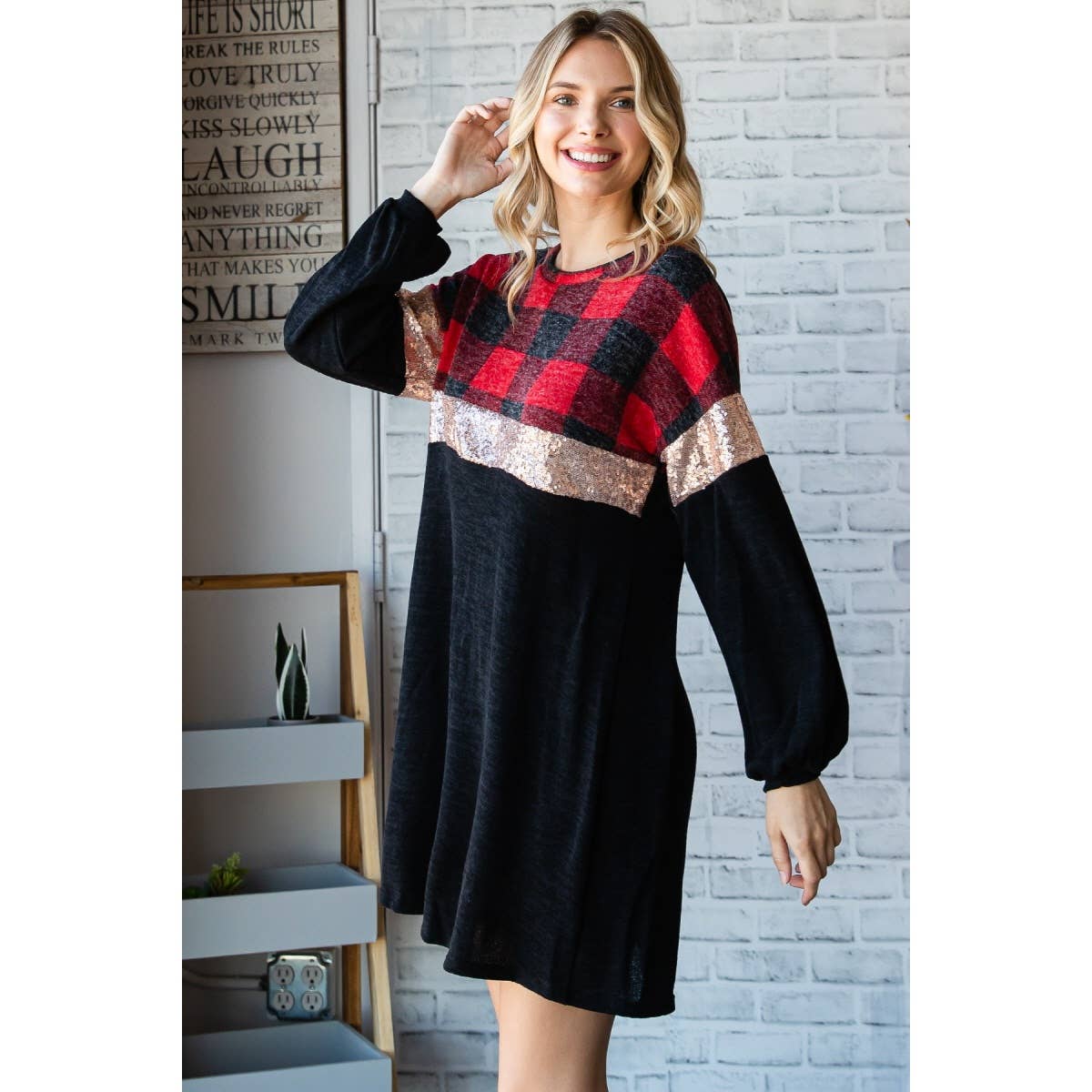 Checker Contrast Sequins Dress