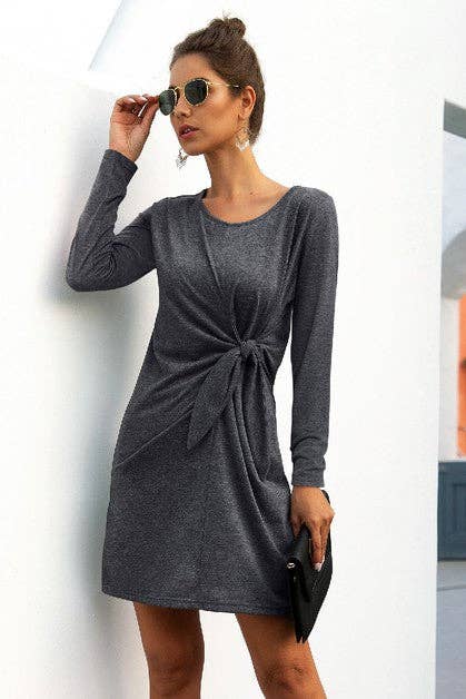 Round Neck Knot Long Sleeve Dress -