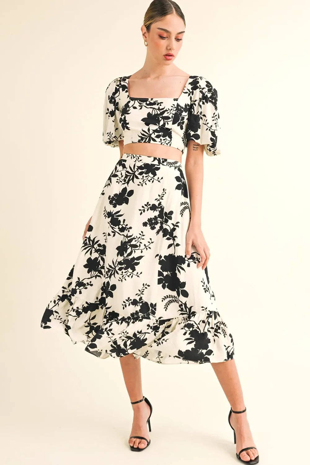 Puff Sleeve Crop Top Black Floral Print Ruffle Hem Midi Skirt Two Piece Set