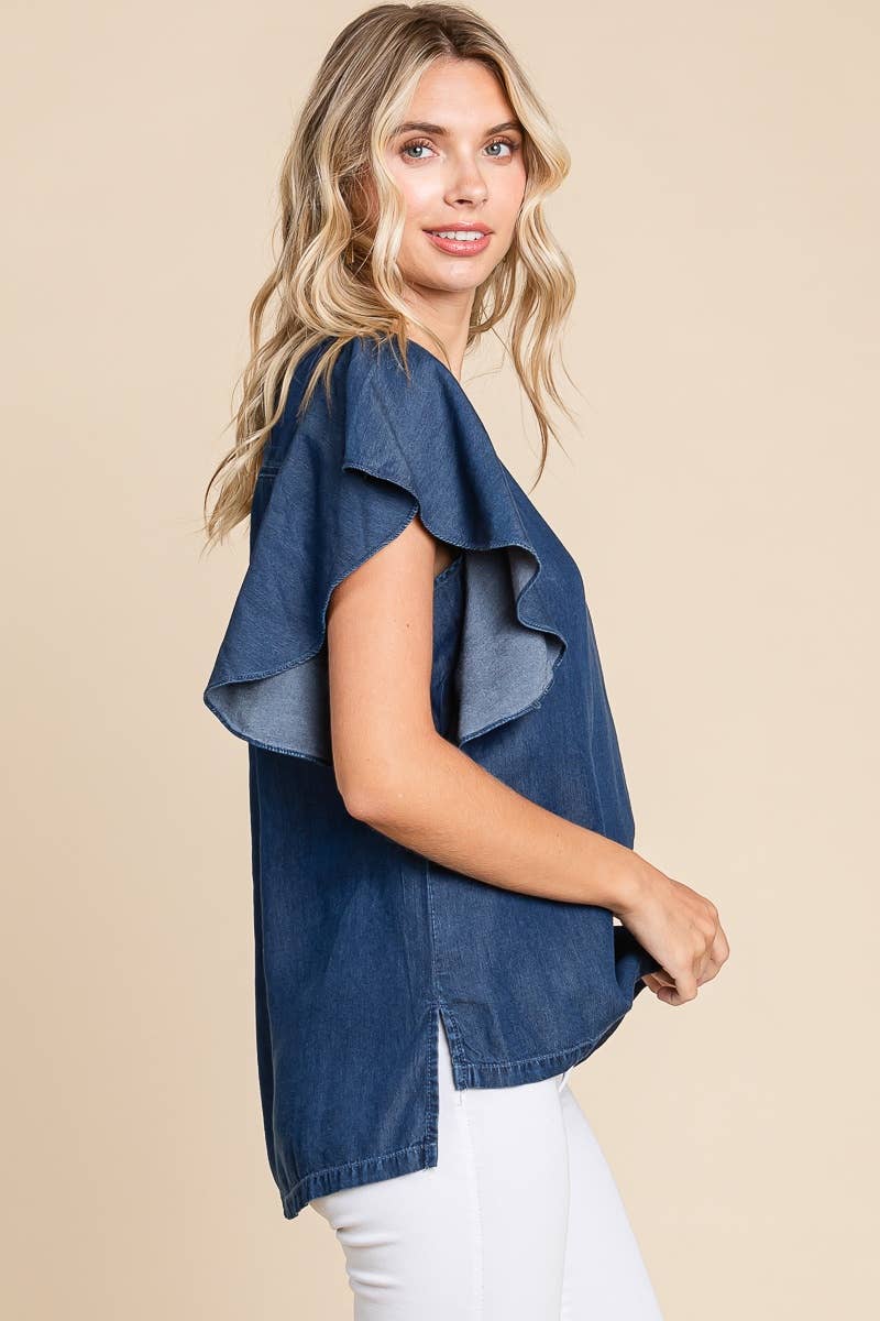 LST5325 - CHAMBRAY FLUTTER SLEEVE TOP=