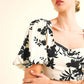 Puff Sleeve Crop Top Black Floral Print Ruffle Hem Midi Skirt Two Piece Set