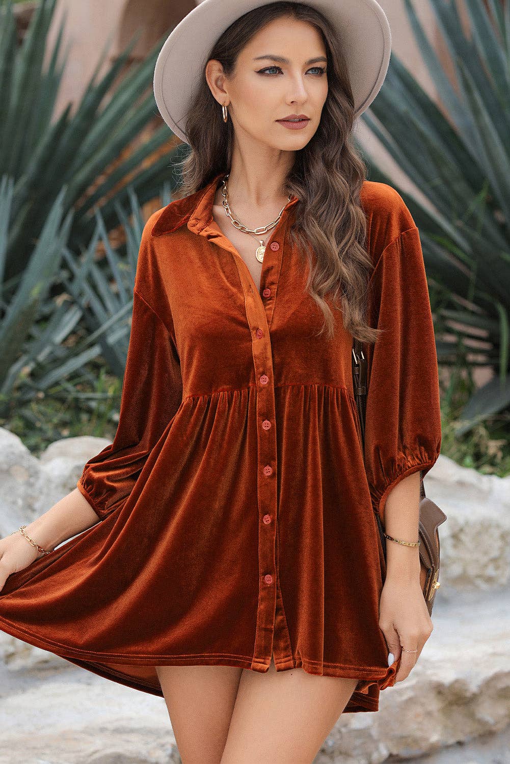 Women's 3/4 Sleeve Tunic Babydoll Velvet Shirt